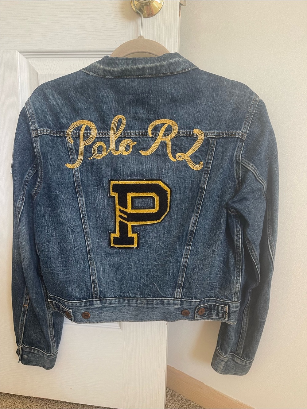 Ralph Lauren Blue Denim Jacket with Gold Embroidery and Black Patch